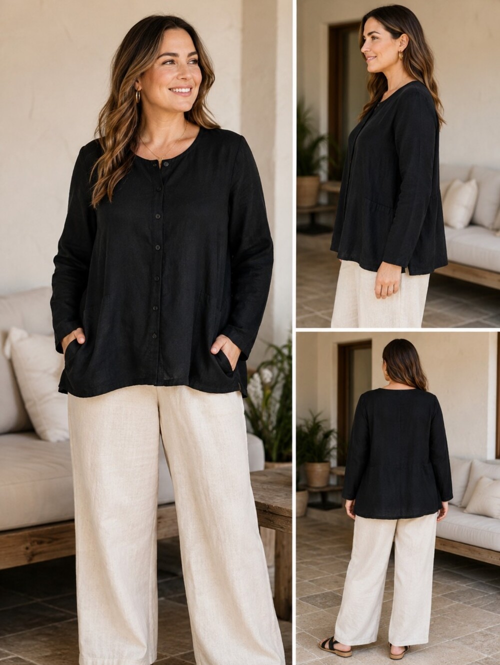 FLAX 100% Linen Black Button Front Blouse Jacket Top Large Relaxed Lagenlook